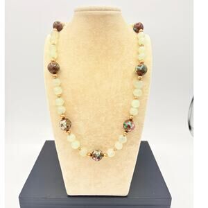 Vintage 28” Agate Necklace w/ Cloisonné‑Style Enamel Beads & Gold‑Tone Accents